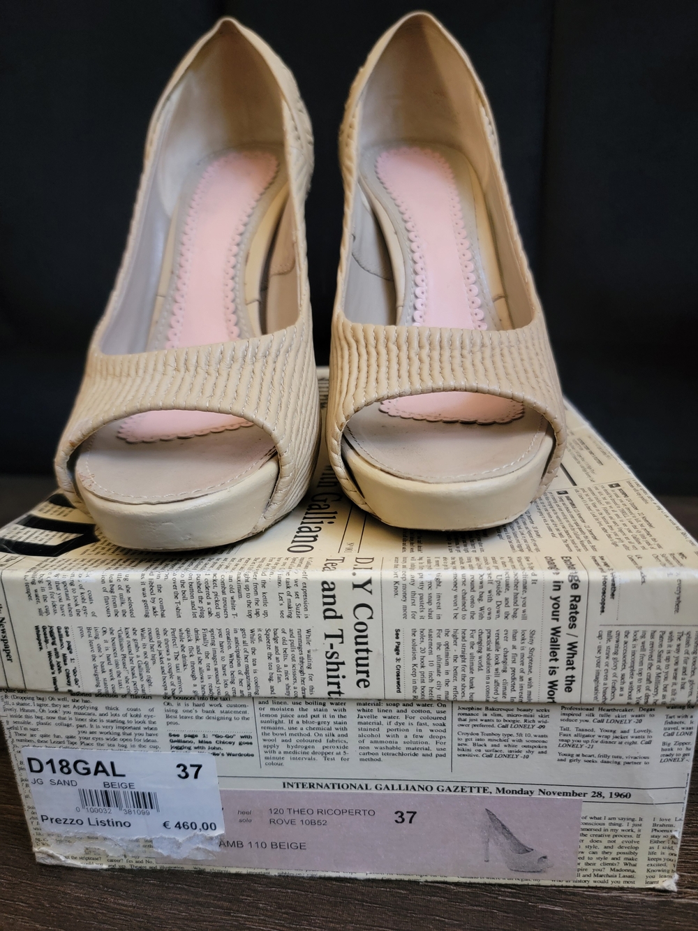 John Galliano Beige Peep-Toe Heels with Pink Insole